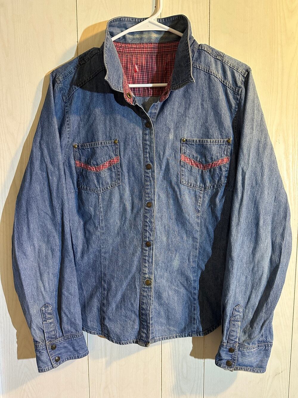 Vintage Denim Button Up Shirt Gingham Trim Western Chambray Jean Blouse Medium